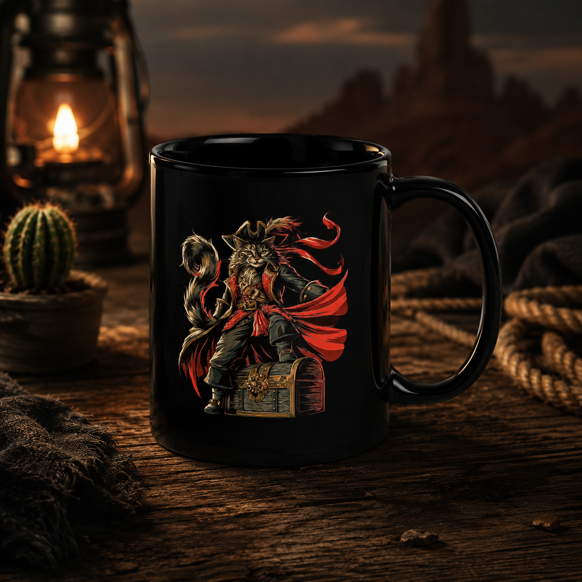 Black mug with a pirate cat design on a rustic wooden table with a lantern