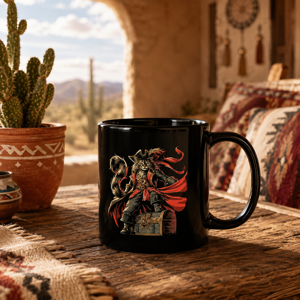 Black mug displaying a pirate cat design on a wooden table with southwestern decor