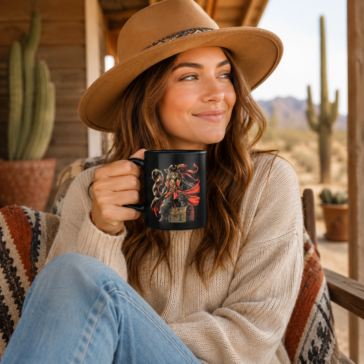 Woman holding a black mug with a pirate cat design while sitting outdoors