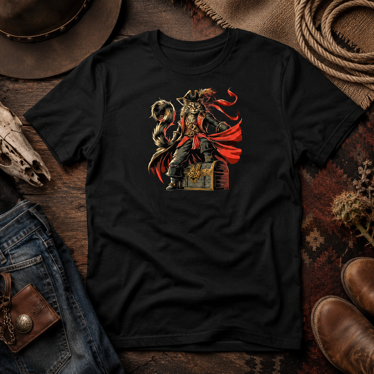 Black tee with a pirate cat design displayed on a rustic background with accessories.