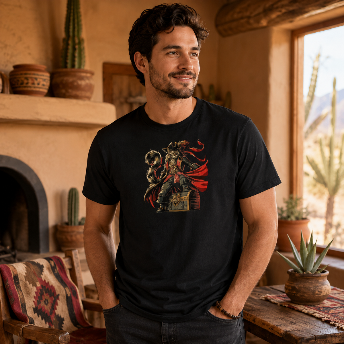 Man wearing a black tee featuring a pirate cat design in a desert-themed room.