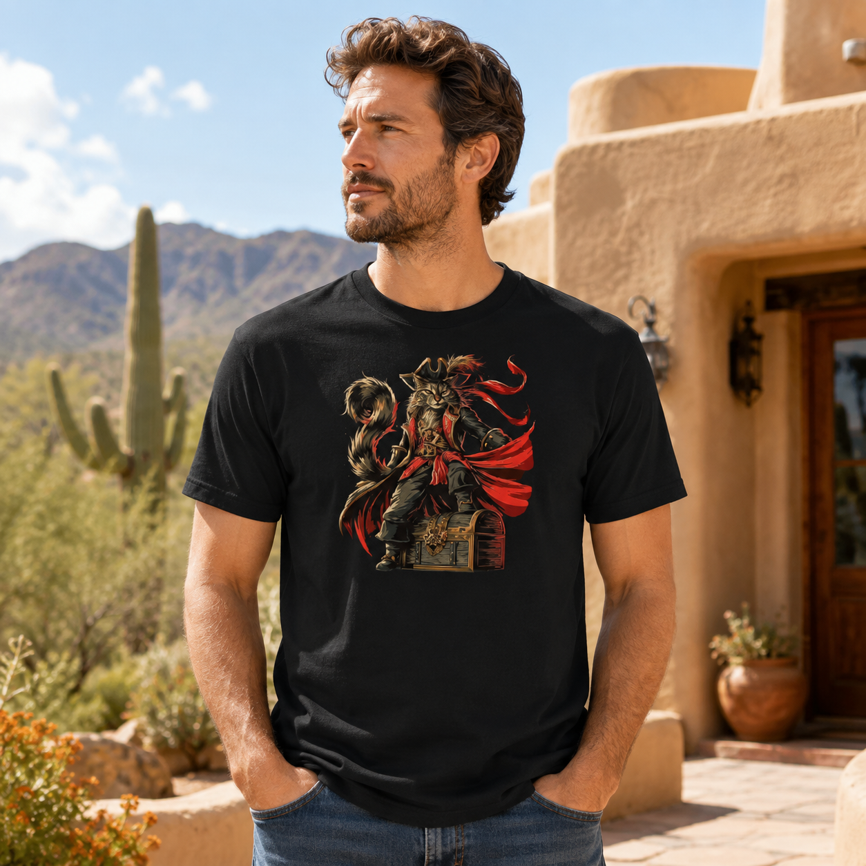 Man wearing a black tee with a pirate dog design and red cape outdoors