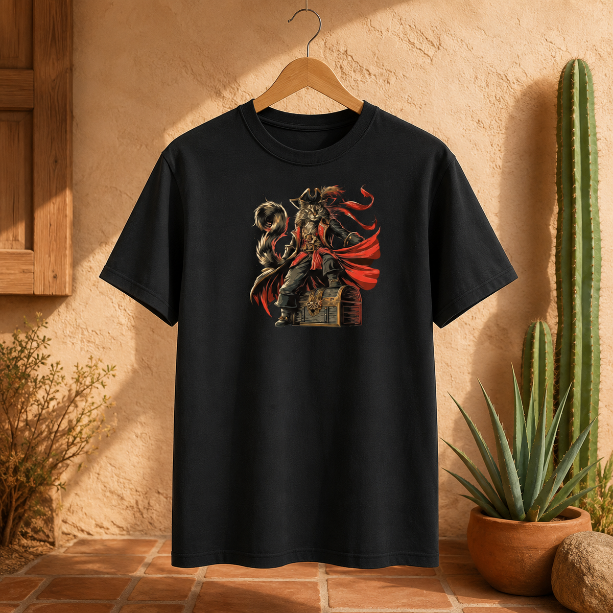 Black tee with a pirate cat design hanging against a desert wall.