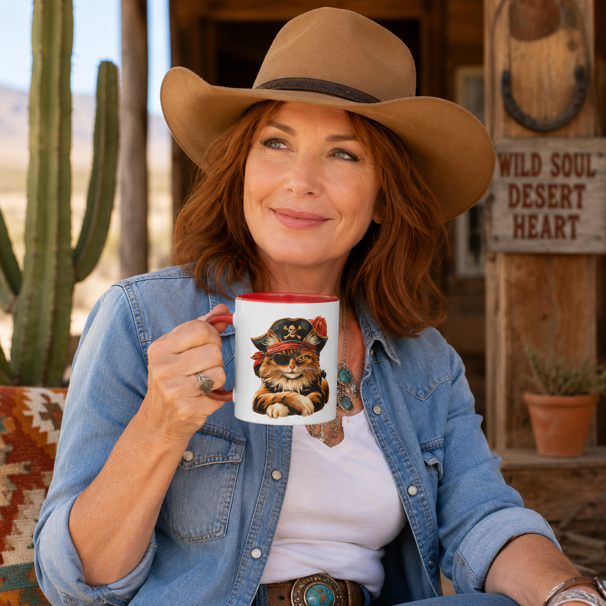 Woman in a hat holding a pirate cat mug, smiling with a desert scene in the background.