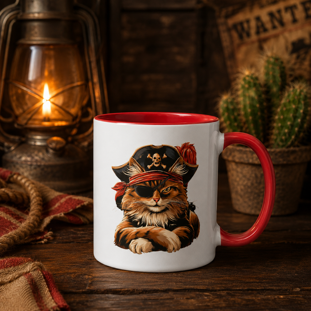 Pirate cat mug next to a lantern and cactus, set in a rustic wooden environment.