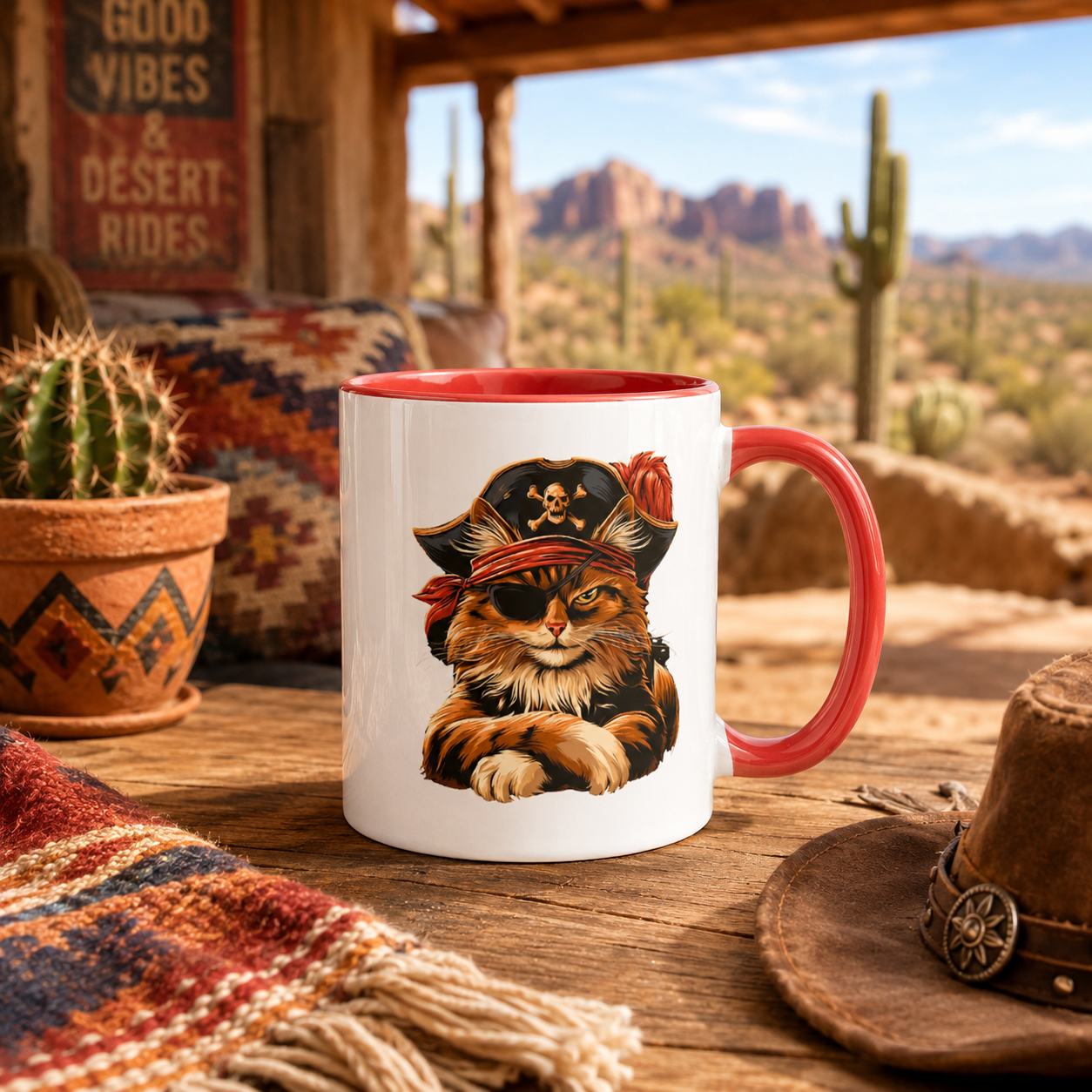 Pirate cat mug on a wooden table with a desert view, surrounded by a blanket and a cactus.