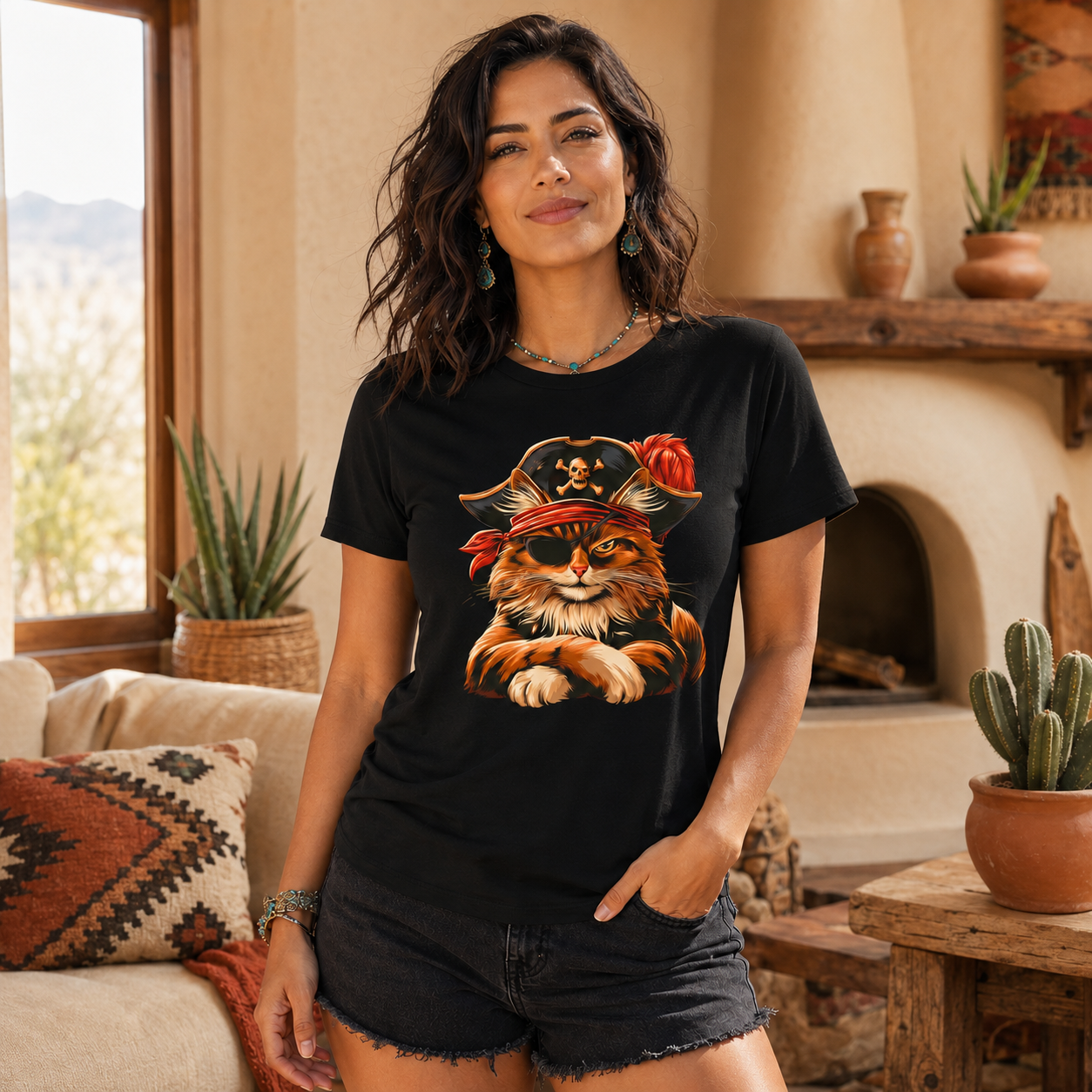 Woman wearing a black tee with a pirate cat design, sitting in a cozy room.