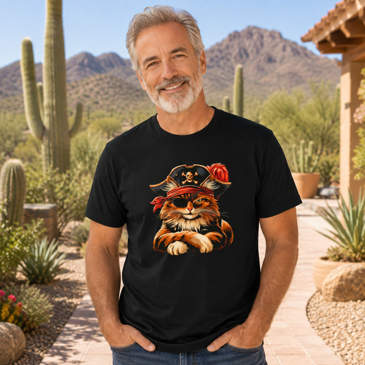 Man wearing a black tee with a pirate cat design in a desert setting.