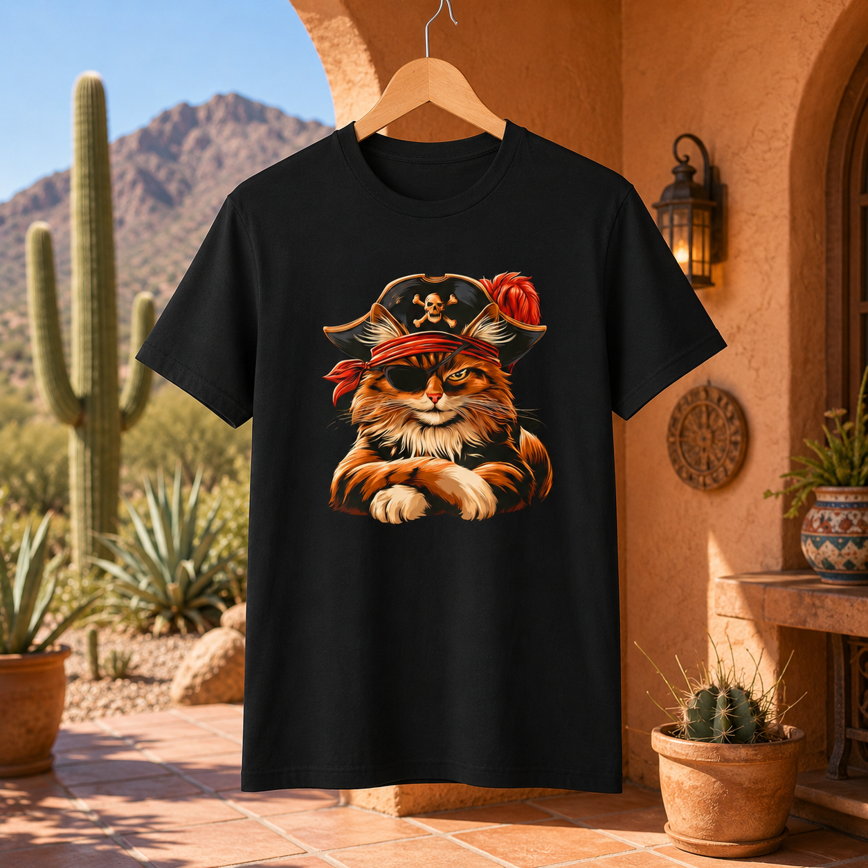 Black tee with a pirate cat design hanging in a desert-themed setting.