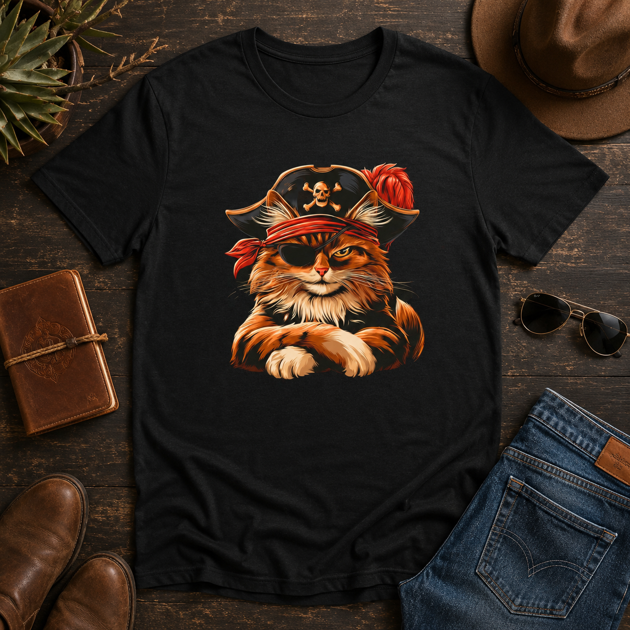 Black tee featuring a pirate cat design displayed on a wooden surface with accessories.