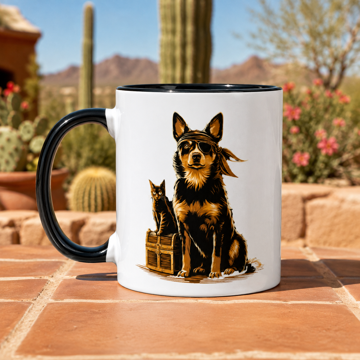 Black and white mug featuring a dog with an eyepatch and a cat, set against a desert background.
