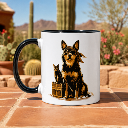Black and white mug featuring a dog with an eyepatch and a cat, set against a desert background.