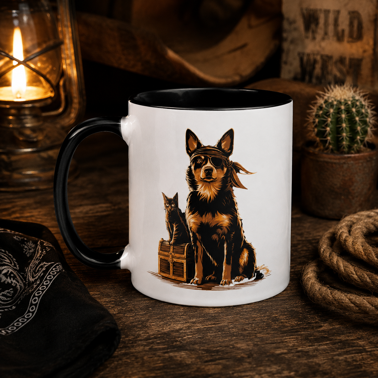 Mug with a dog and cat illustration, placed on a wooden table with a lantern and cactus.