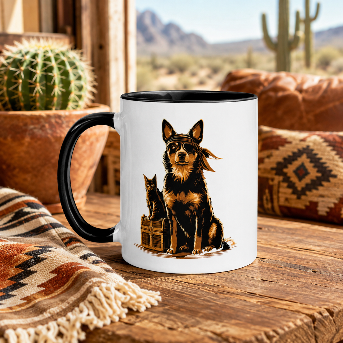 Mug featuring a dog and cat design, surrounded by rustic decor and a desert view.