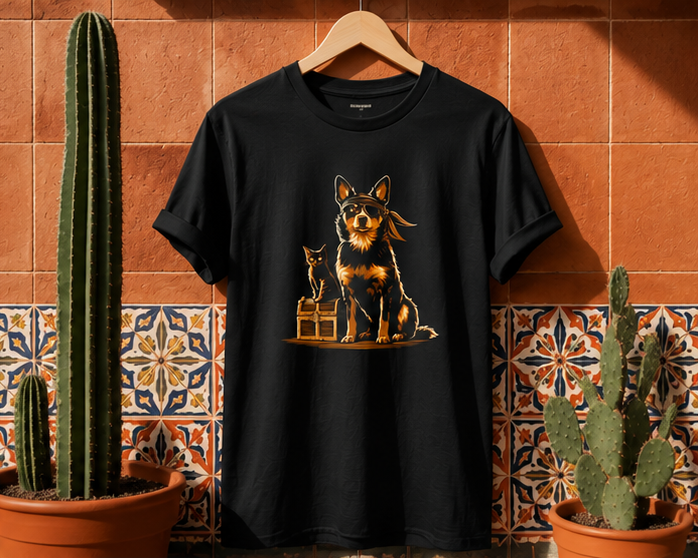 Captain & First Menace Tee displayed on a hanger next to cacti and decorative tiles.