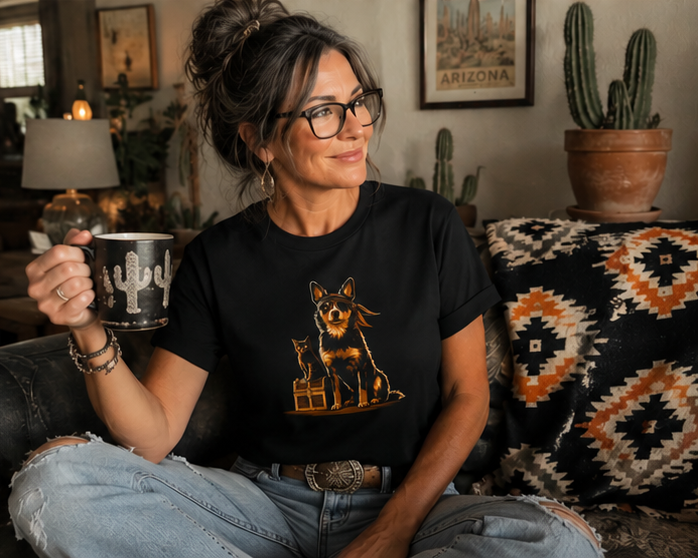 Woman wearing Captain & First Menace Tee with a dog and cat design, holding a mug.