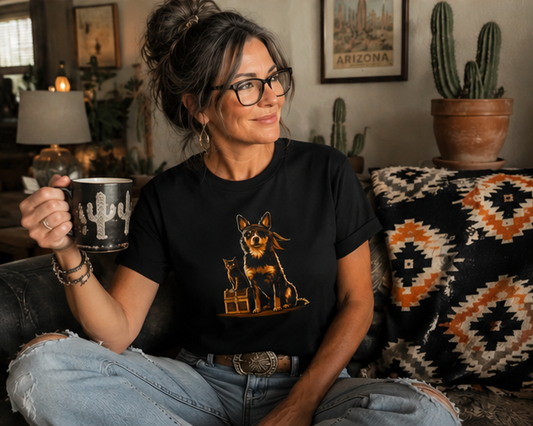 Woman wearing Captain & First Menace Tee with a dog and cat design, holding a mug.