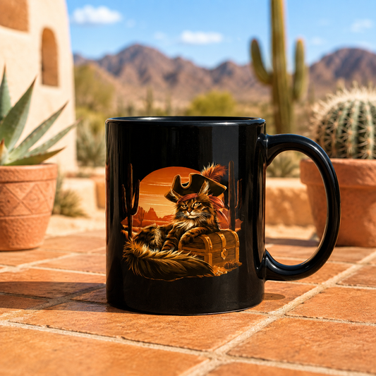 Black mug featuring a cat in a pirate hat with a treasure chest against a desert backdrop.
