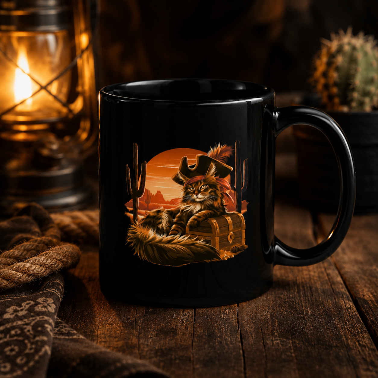 Black mug featuring a cat pirate design, surrounded by rustic decor and a lantern.