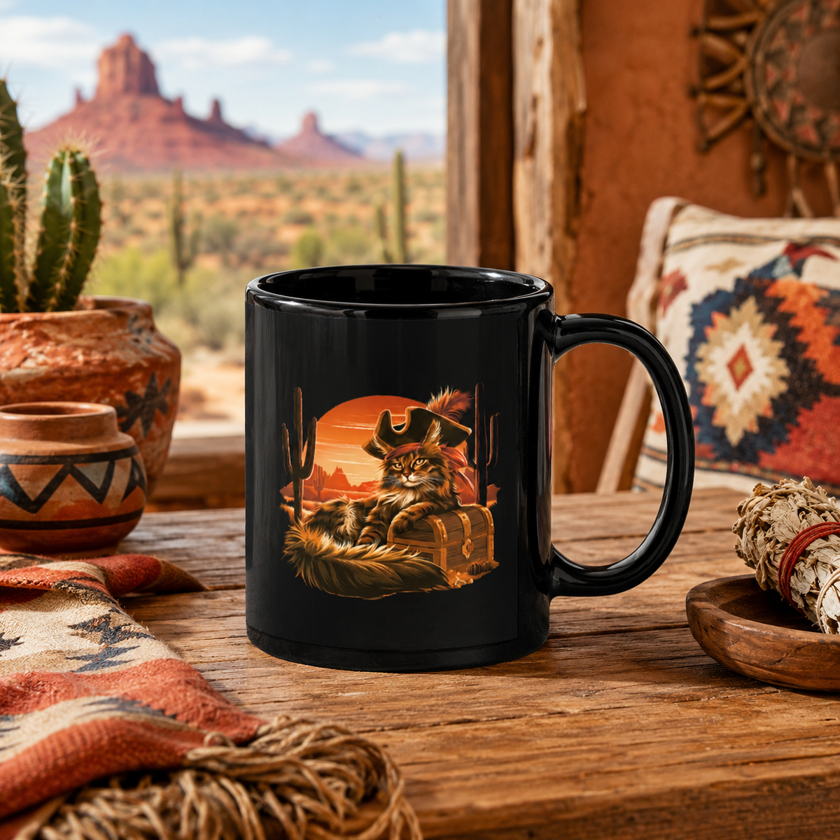 Black mug with a cat pirate design on a wooden table with desert scenery in the background.