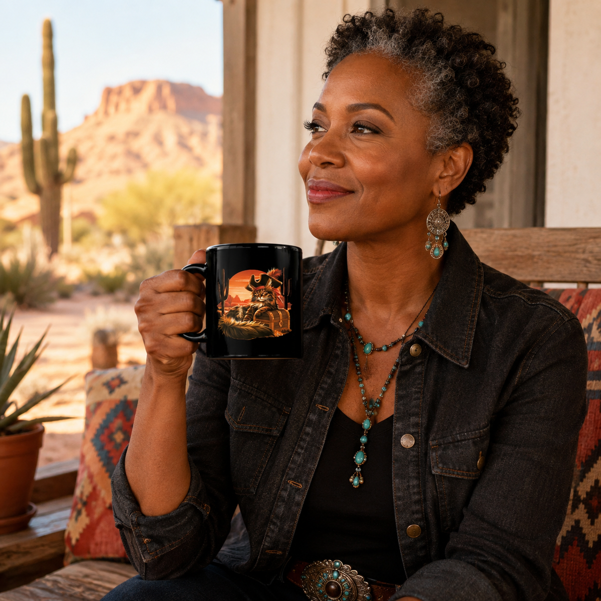 Woman holding a black mug with a cat pirate design, sitting in a desert setting.