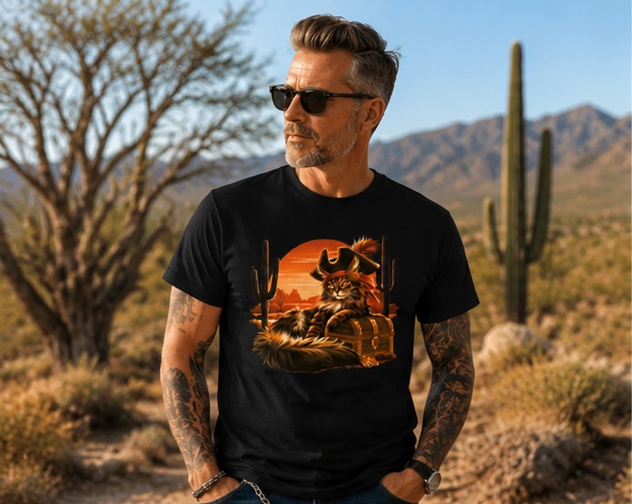 Man wearing a black tee with a cat in a pirate hat against a desert sunset.