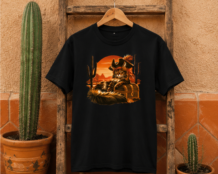 Black tee featuring a cat in a pirate hat hanging on a wooden rack.