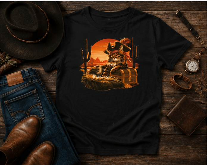 Black tee with a cat in a pirate hat displayed on a wooden table with accessories.