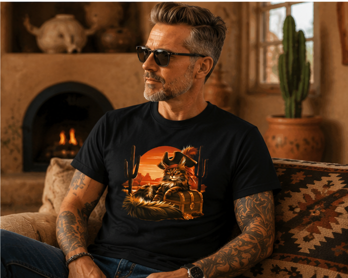 Man wearing a black tee with a cat pirate design, sitting in a cozy room.