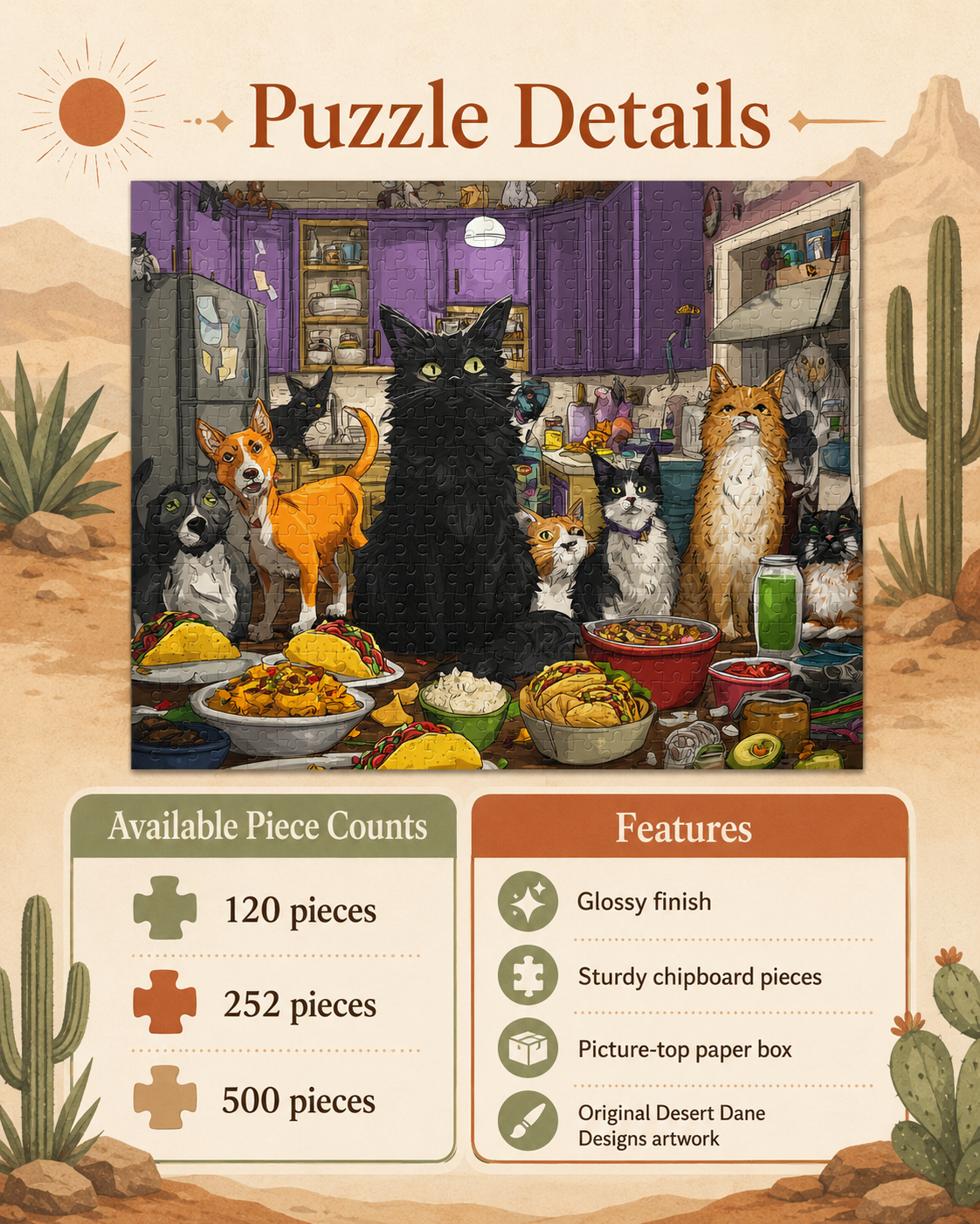 Jigsaw puzzle packaging with cats around a table, desert-themed background, and puzzle details.