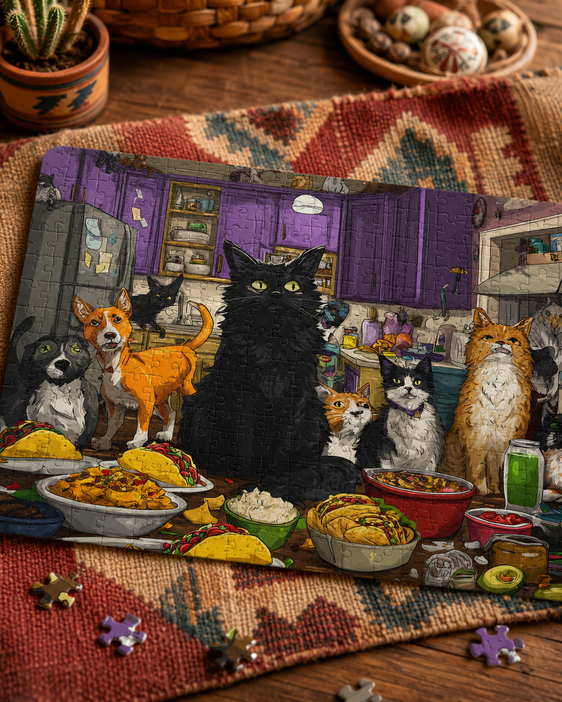 Jigsaw puzzle with a cat and dog theme on a colorful mat