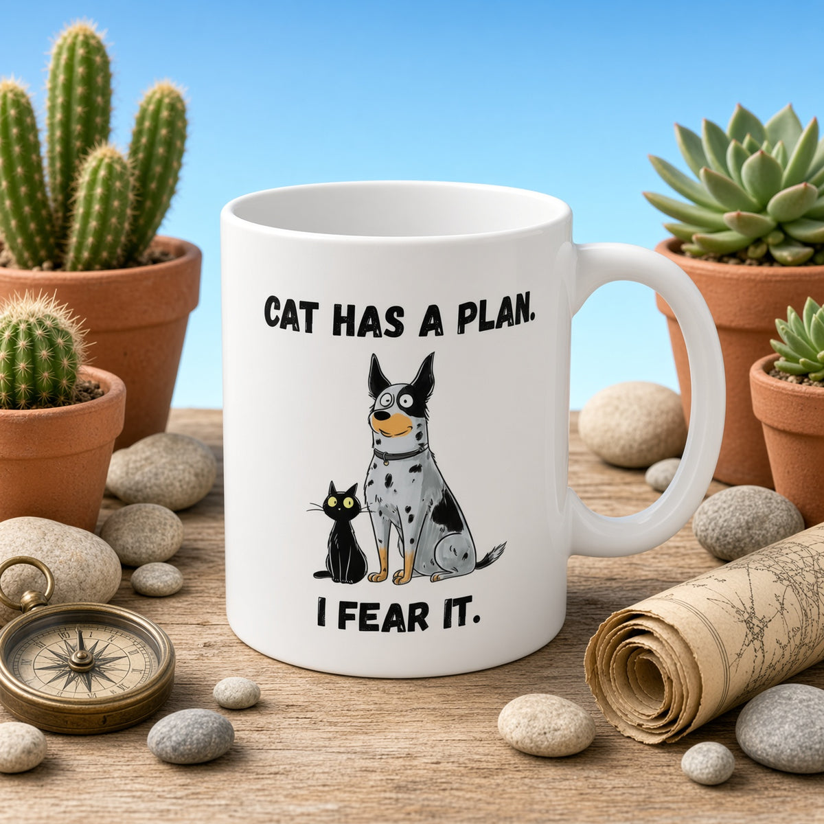 White mug displaying a dog and cat with the phrase 'CAT HAS A PLAN. I FEAR IT.' on a wooden table with stones.