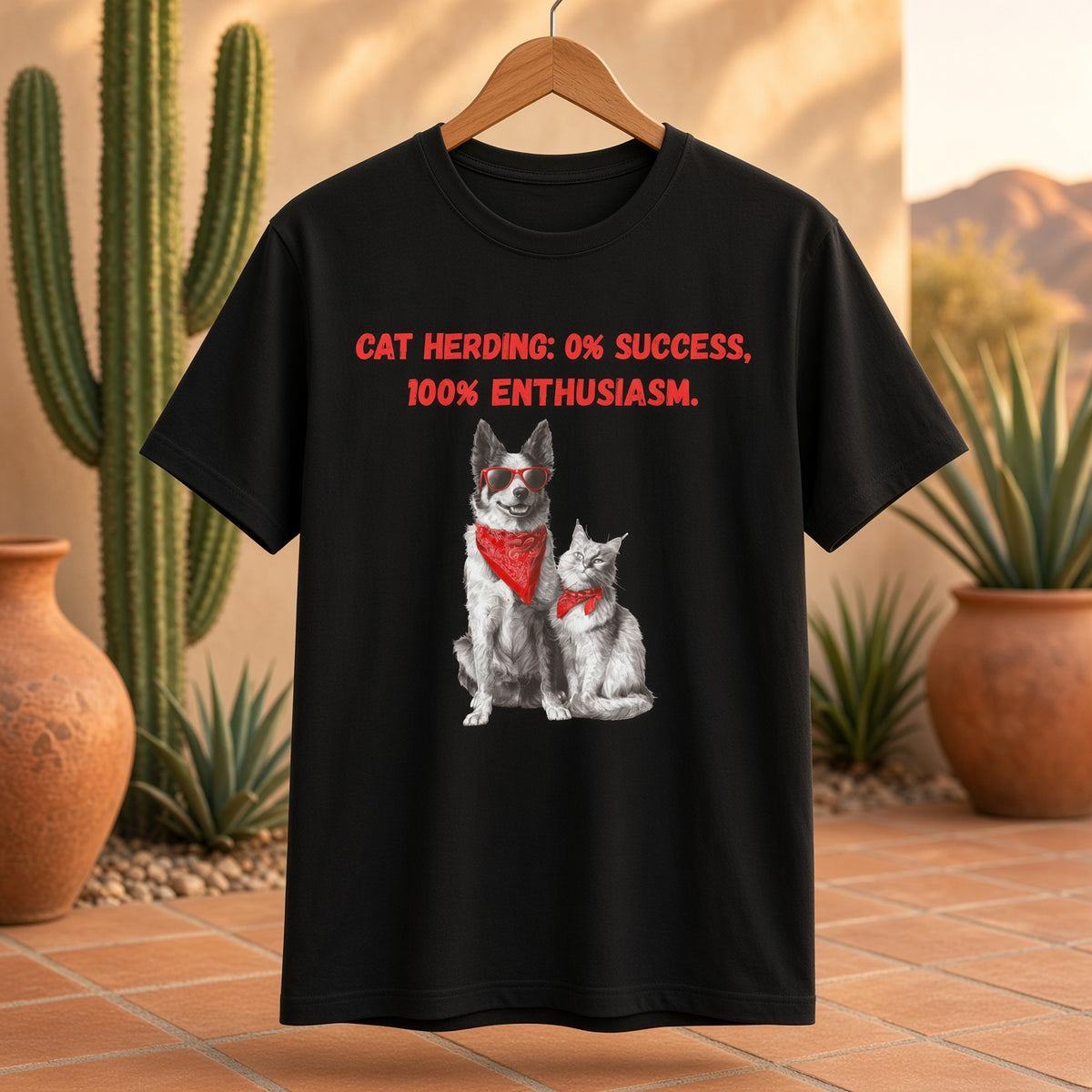 Black t-shirt hanging with a dog and cat design, featuring red text about cat herding, text reads 'Cat Herding: 0% Success, 100% Enthusiasm.'