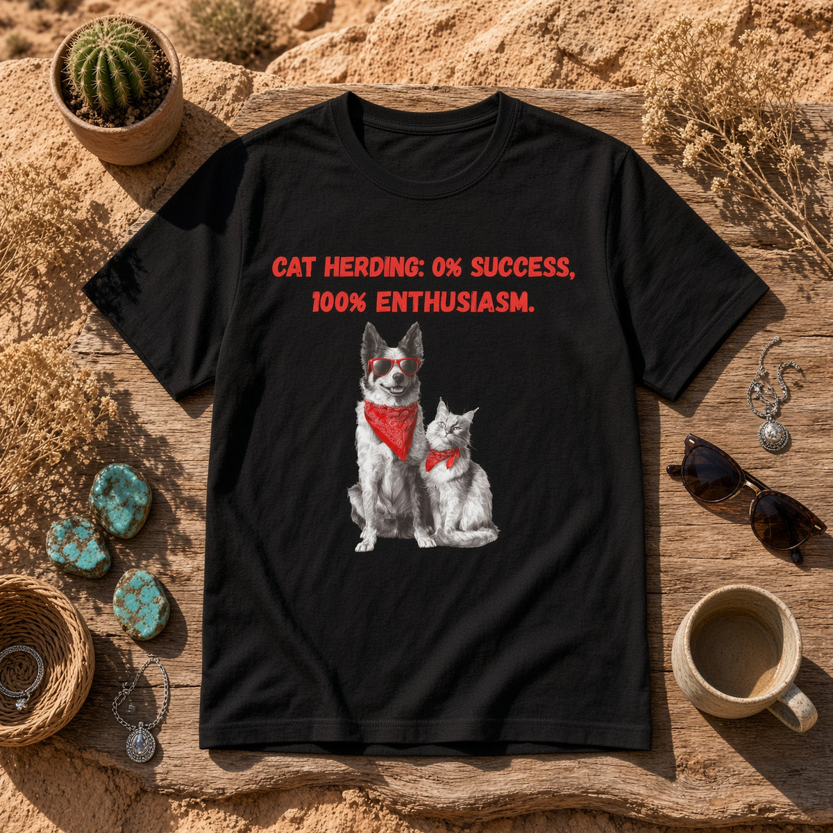 Black t-shirt laid on a wooden surface with a dog and cat graphic wearing sunglasses and red bandanas, text reads 'Cat Herding: 0% Success, 100% Enthusiasm.'