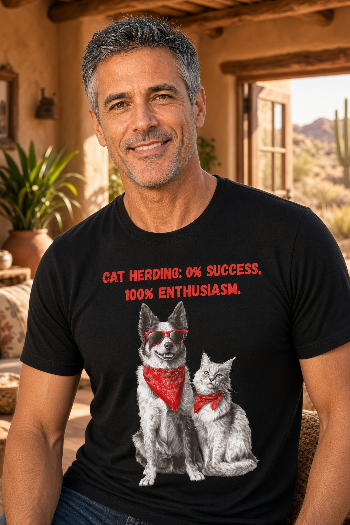Man wearing a black t-shirt featuring a dog and cat with sunglasses and red bandanas, text reads 'Cat Herding: 0% Success, 100% Enthusiasm.'