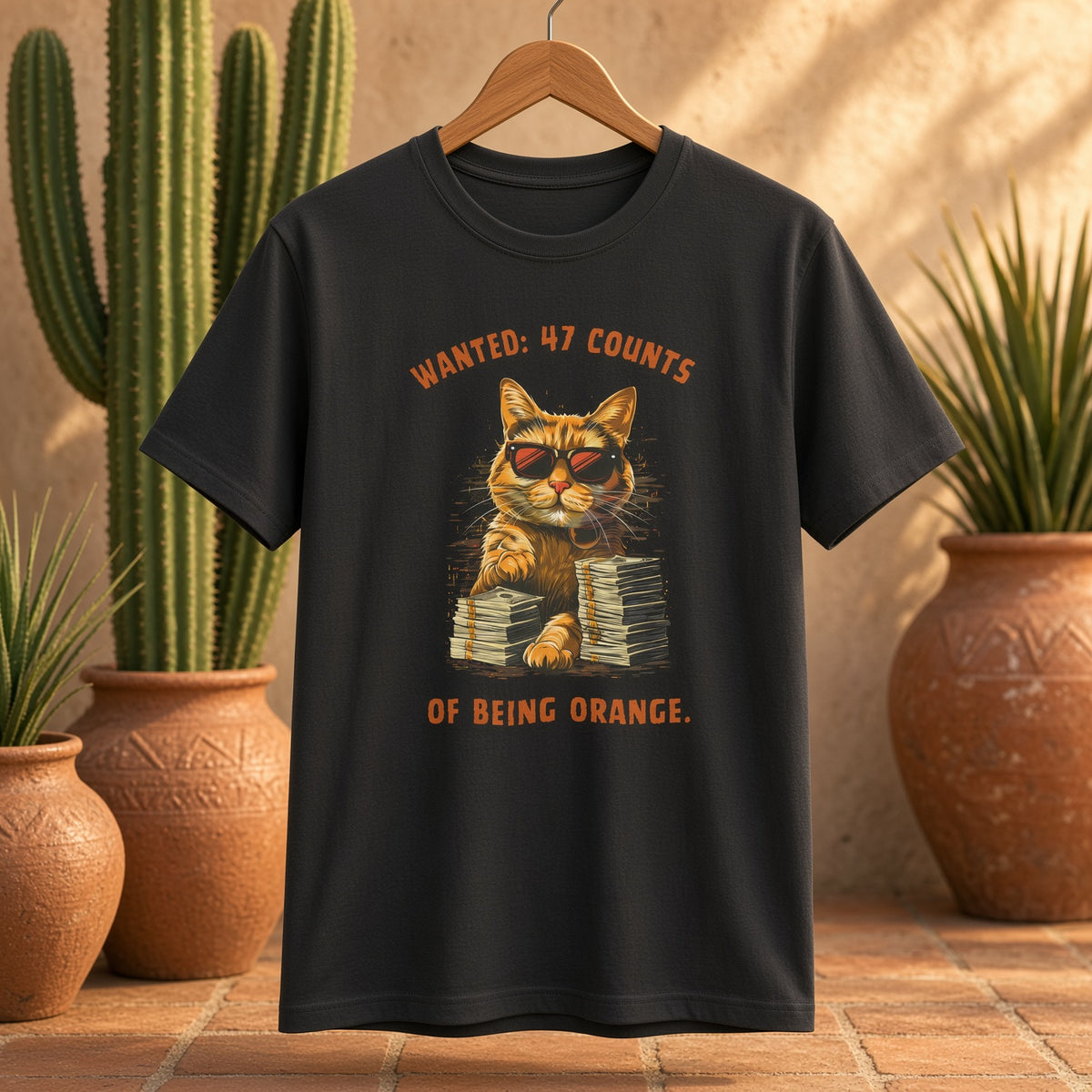 Black t-shirt featuring a cat in sunglasses with the text 'Wanted: 47 Counts of Being Orange.'