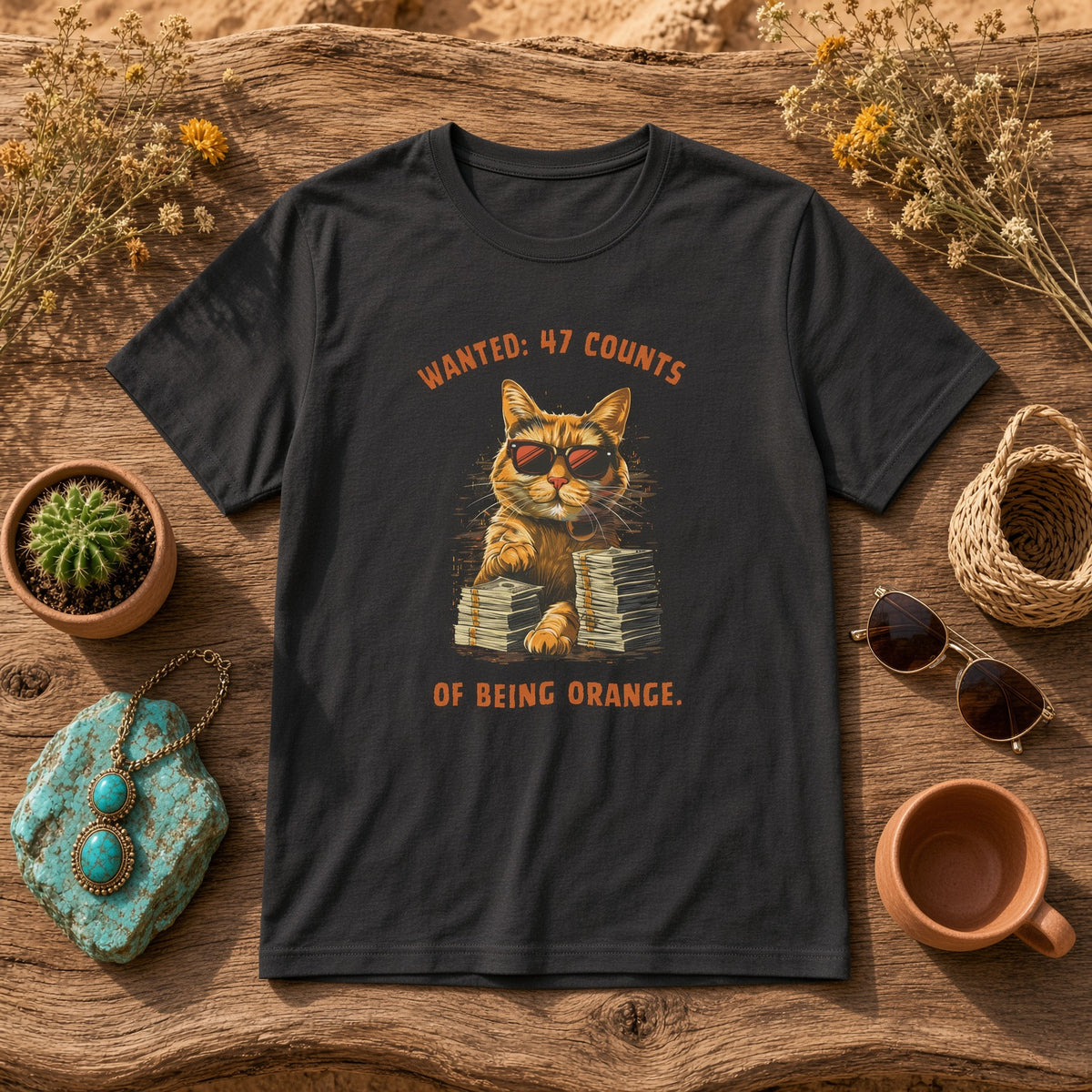 Black t-shirt with a cat graphic and text 'Wanted: 47 Counts of Being Orange.' displayed on a wooden table.