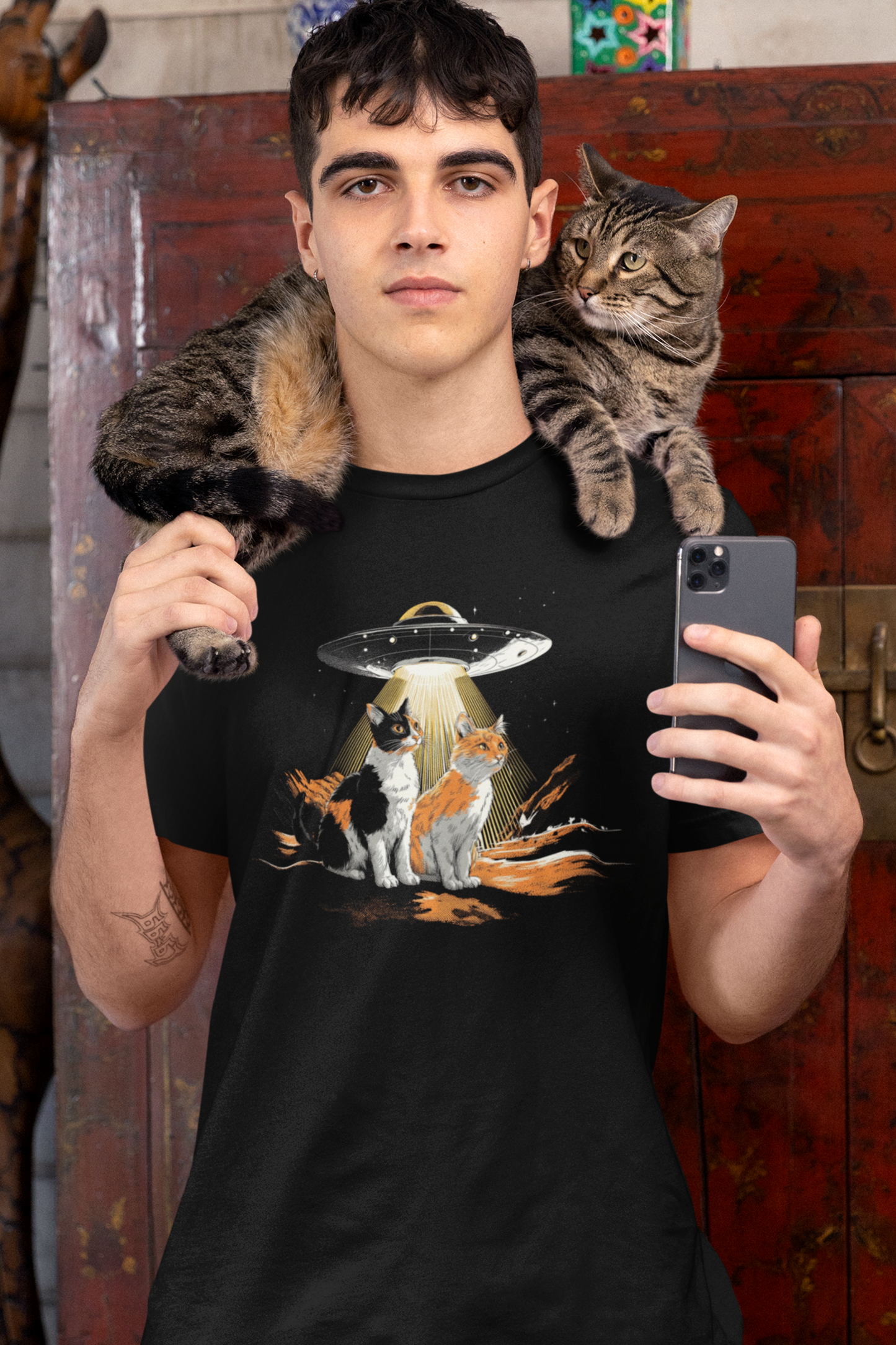 Cats & UFO Graphic T-Shirt — Funny Alien Cat Tee, Soft Cotton Crewneck for Cat Lovers