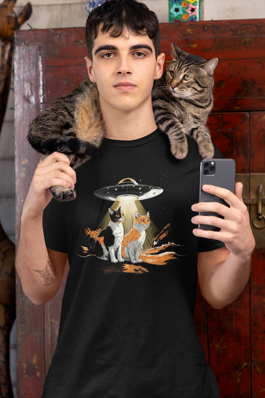 Cats & UFO Graphic T-Shirt — Funny Alien Cat Tee, Soft Cotton Crewneck for Cat Lovers