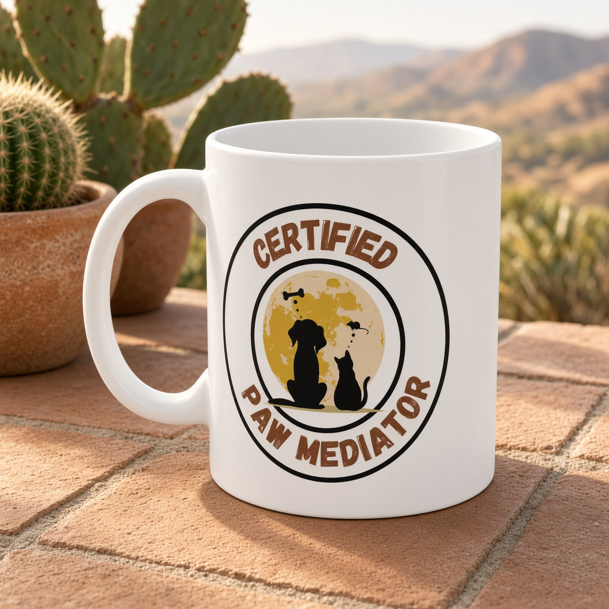 White mug with 'Certified Paw Mediator' design featuring a dog and cat silhouette against a yellow moon.