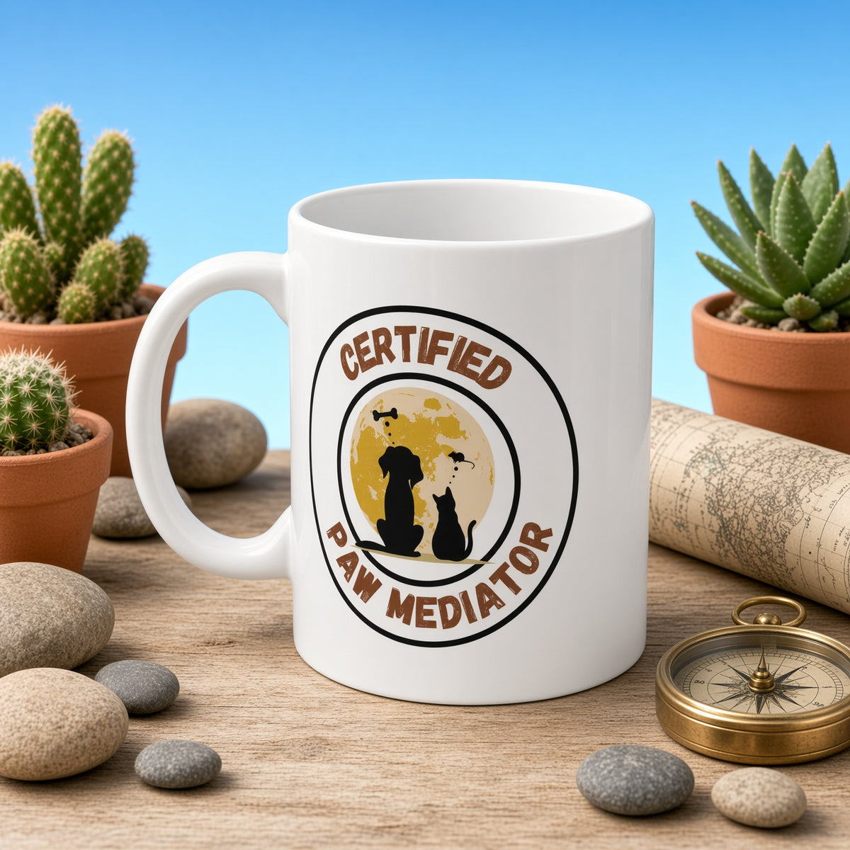 White mug with 'Certified Paw Mediator' design, featuring a dog and cat silhouette on a wooden table with stones.