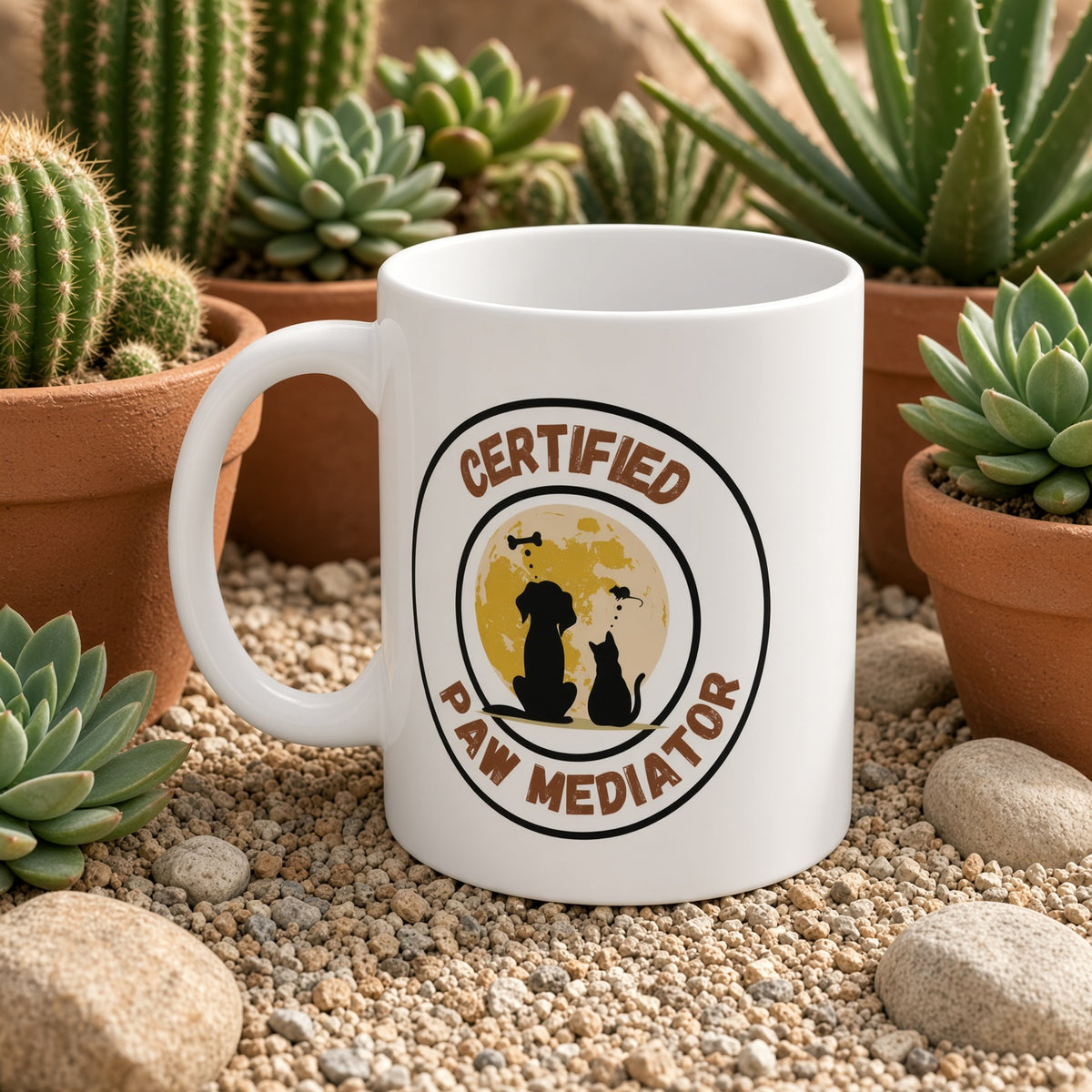 White mug displaying 'Certified Paw Mediator' with a dog and cat silhouette, surrounded by potted succulents.