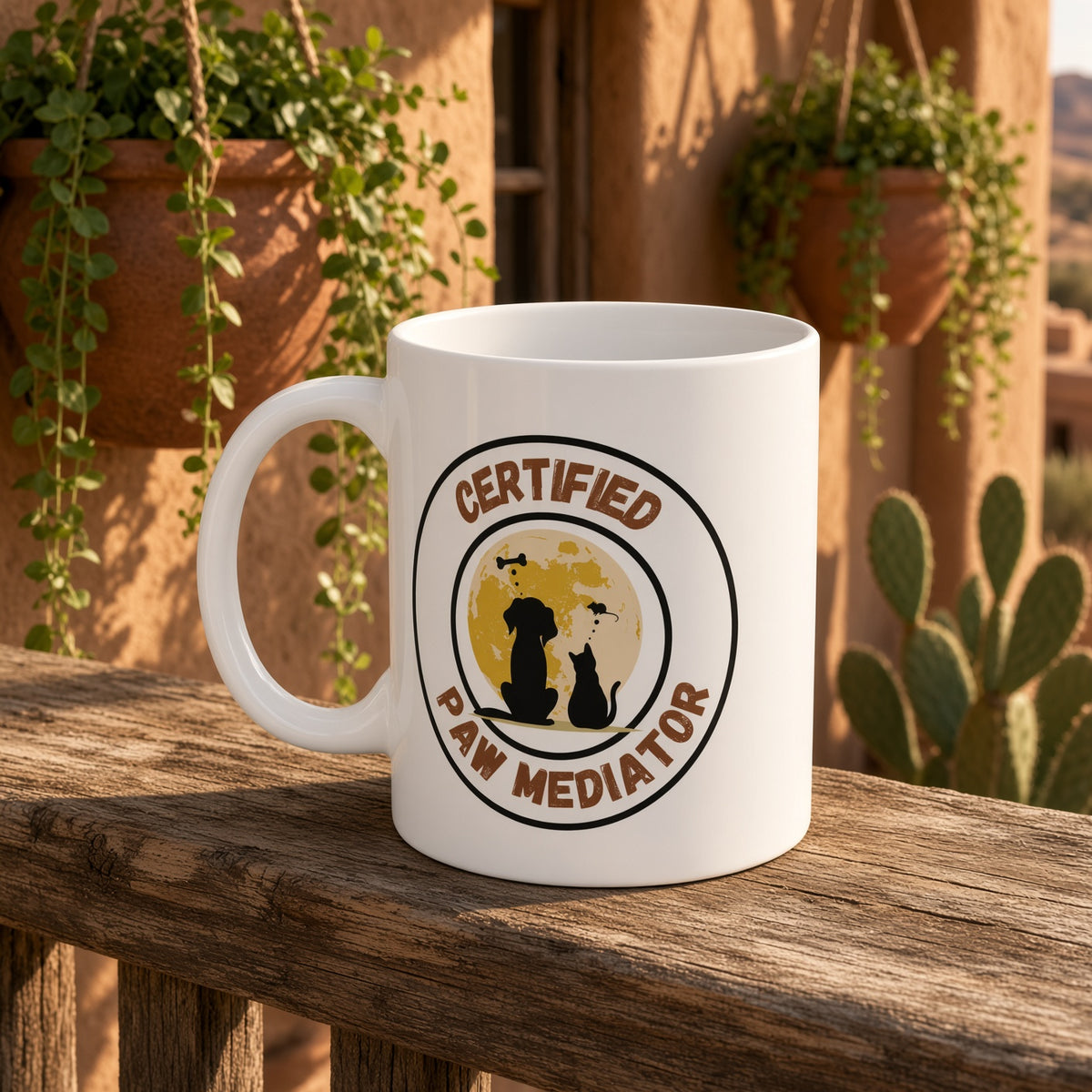 White mug with 'Certified Paw Mediator' design, placed on a wooden railing with hanging plants in the background.