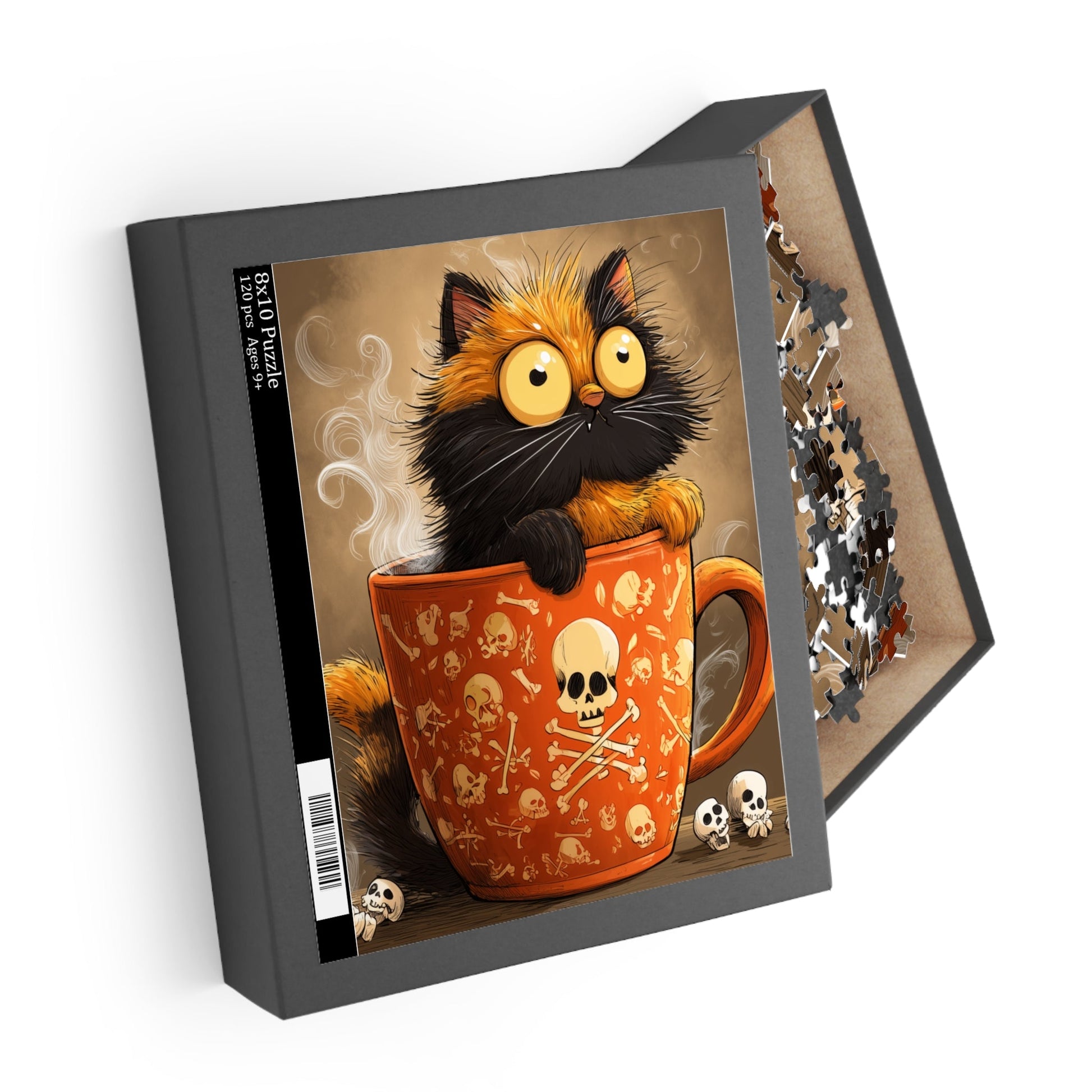 Jigsaw puzzle box with a cat in a mug design on the cover