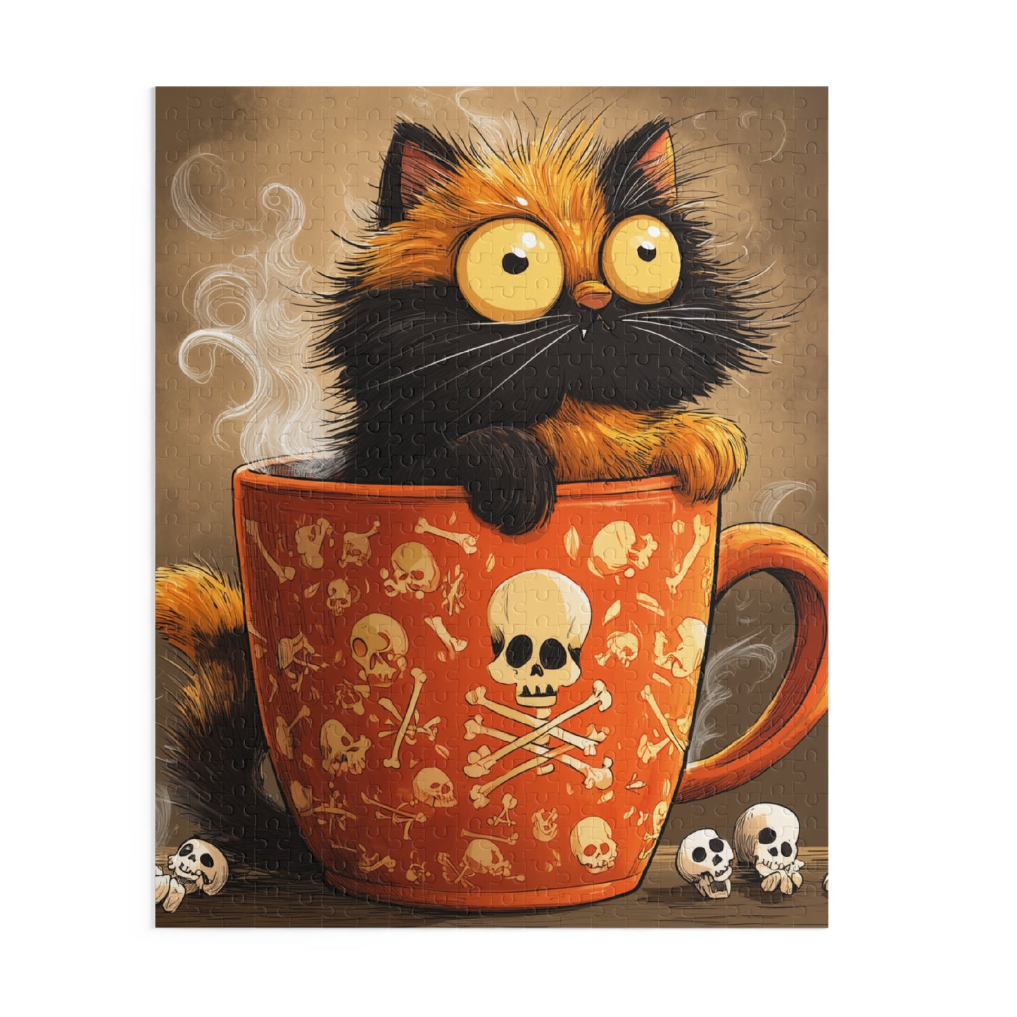 Illustration of a cat peeking out from a mug with skull and crossbones pattern on a brown background