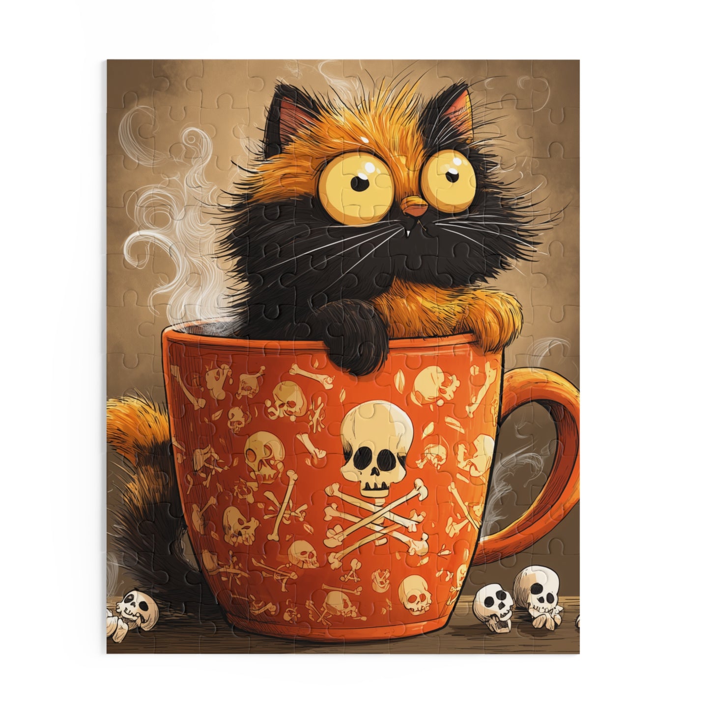 Complete cartoon cat jigsaw puzzle featuring a funny black and orange cat with huge yellow eyes popping out of an orange skull-patterned coffee mug 500 piece