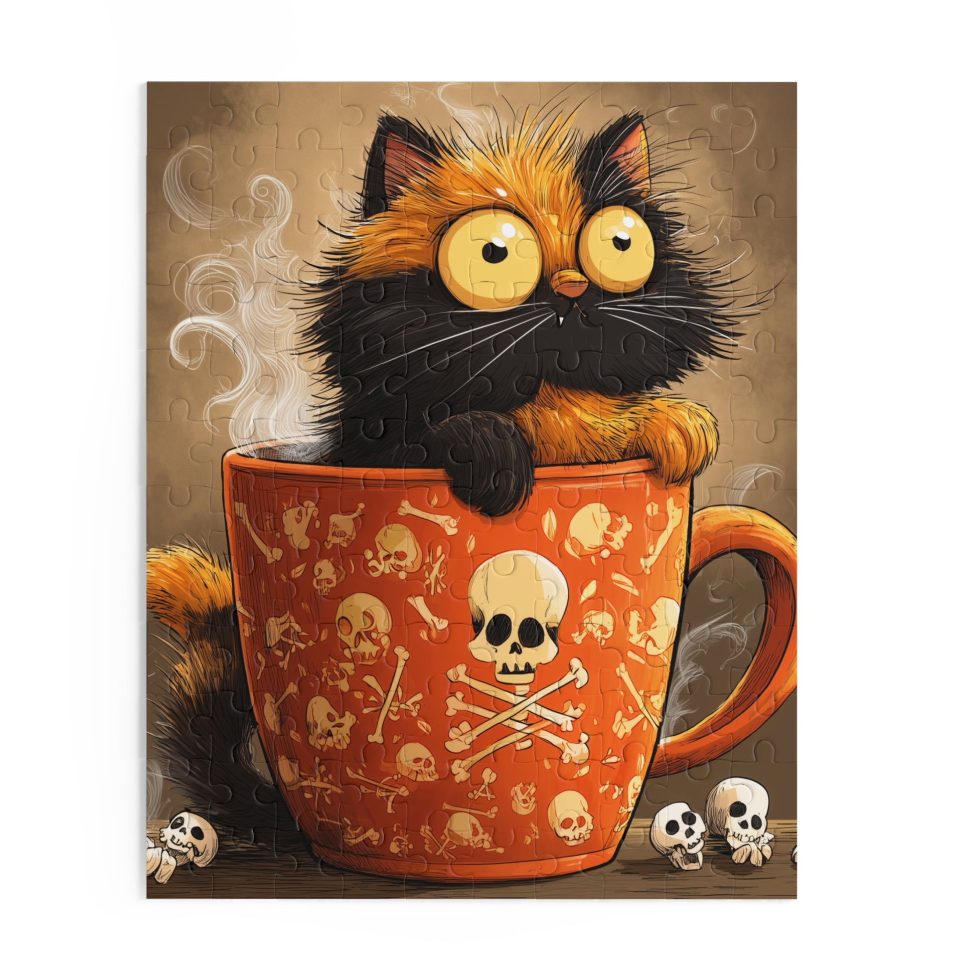 Complete cartoon cat jigsaw puzzle featuring a funny black and orange cat with huge yellow eyes popping out of an orange skull-patterned coffee mug 500 piece