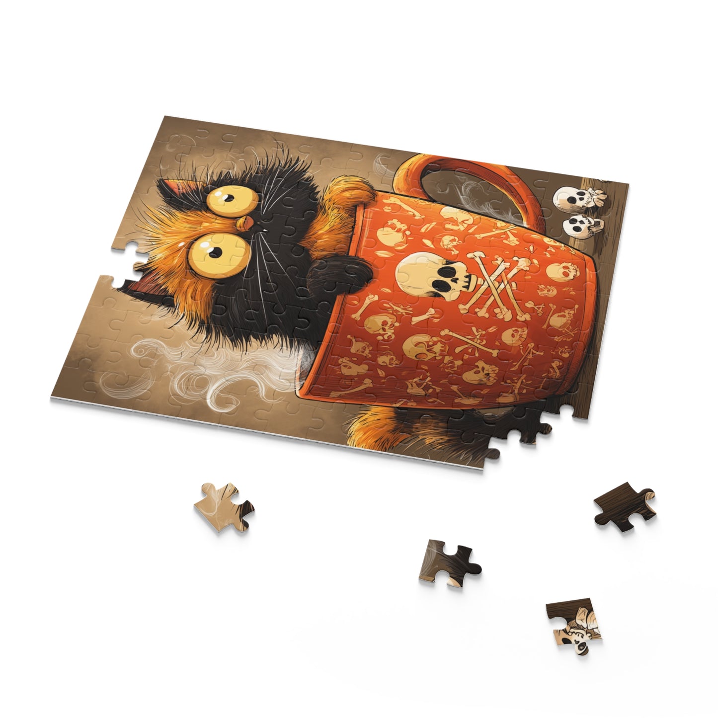Partially assembled whimsical jigsaw puzzle of a cute black and orange cat peeking from a giant orange skull and crossbones mug, with scattered pieces, 120 pieces 