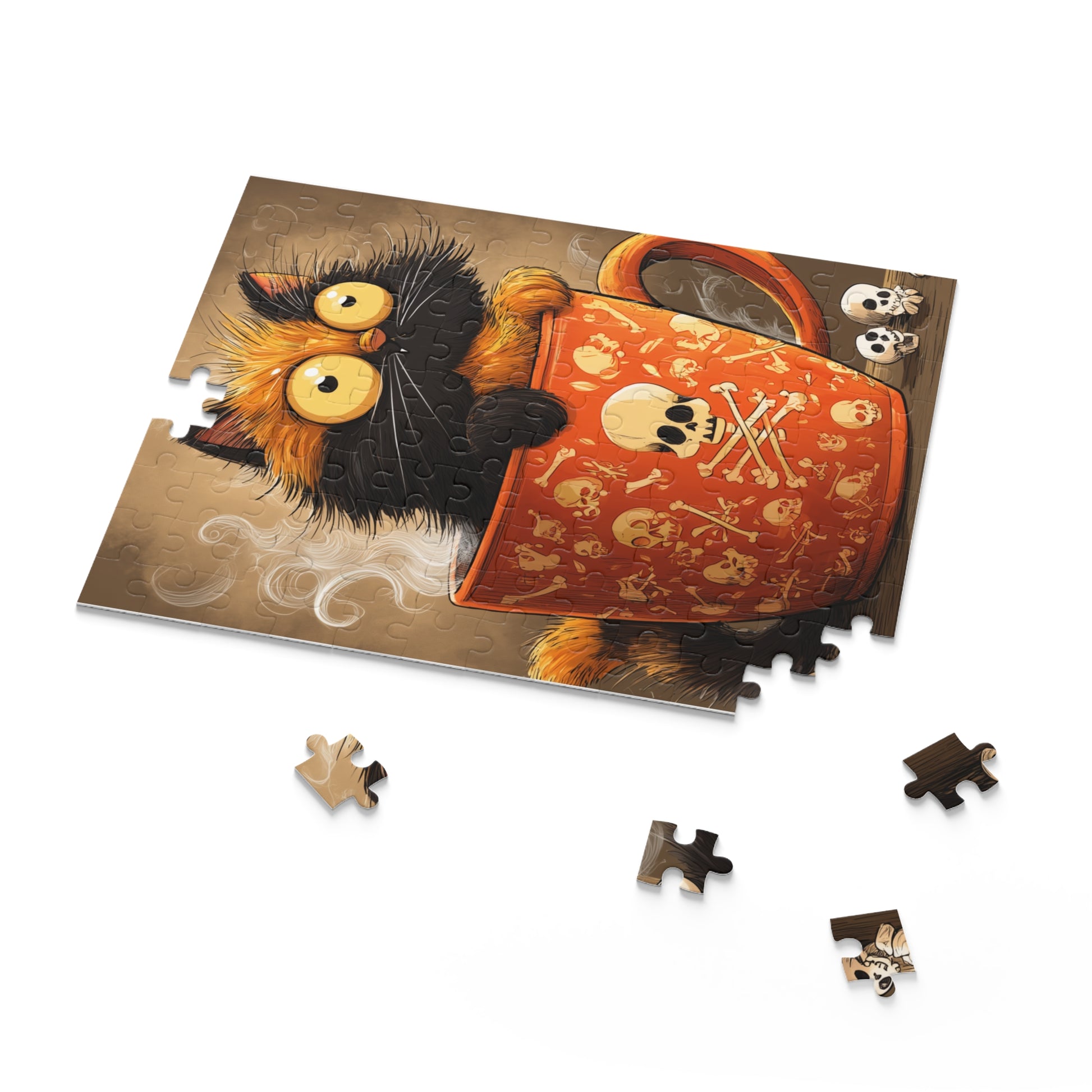 Partially assembled whimsical jigsaw puzzle of a cute black and orange cat peeking from a giant orange skull and crossbones mug, with scattered pieces, 120 pieces 