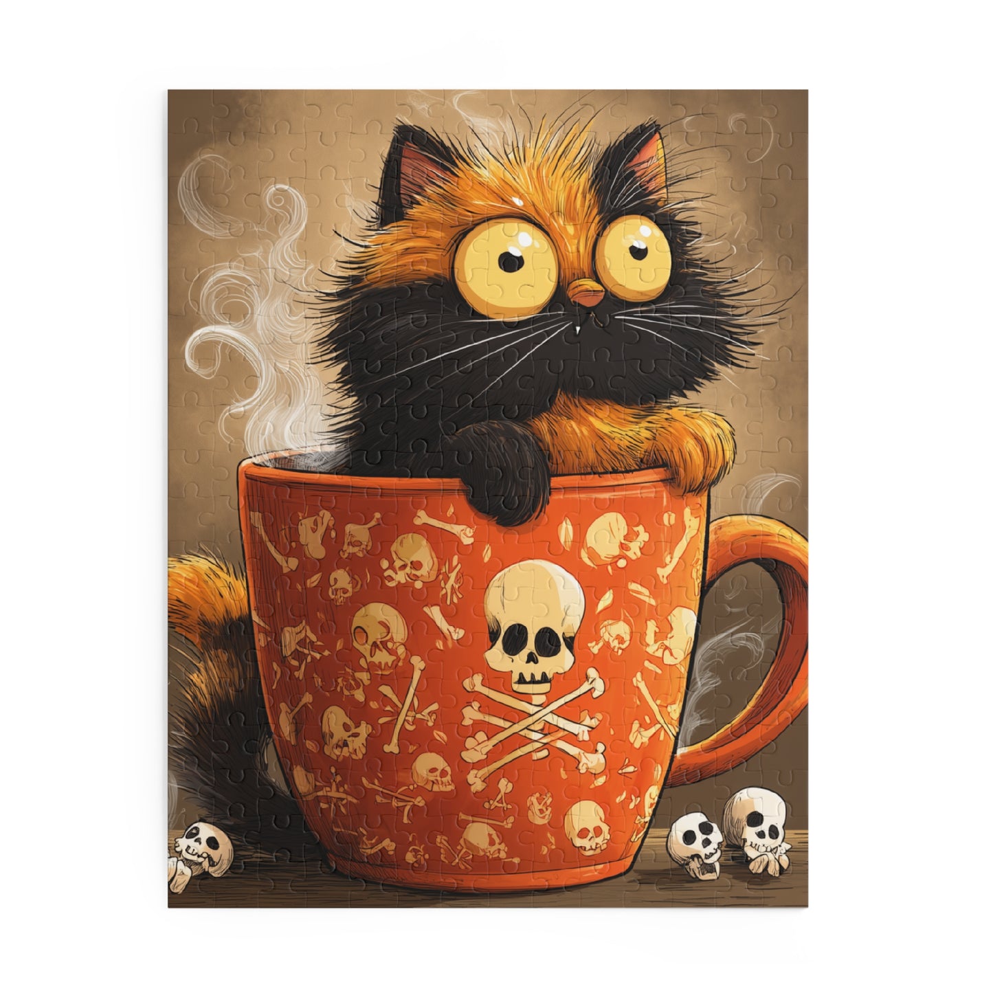 Complete cartoon cat jigsaw puzzle featuring a funny black and orange cat with huge yellow eyes popping out of an orange skull-patterned coffee mug